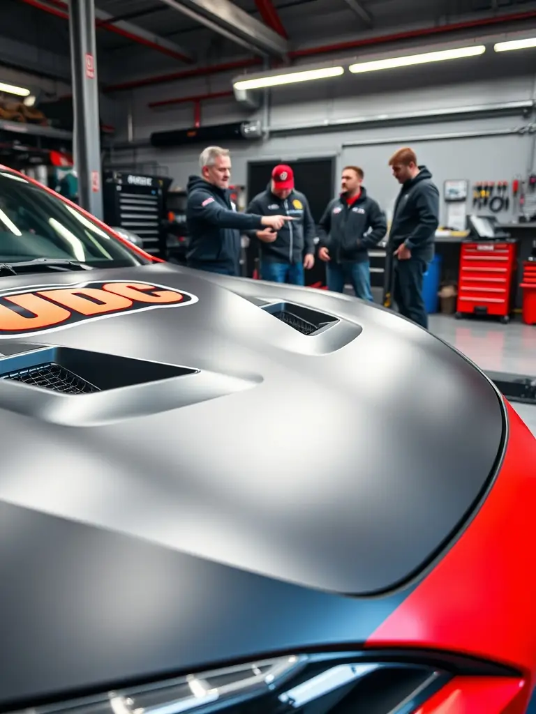 A close-up of a high-performance drift car with a UDC decal, parked in the pit area during an advanced masterclass, with an instructor briefing a small group of focused drivers. This image will showcase exclusive advanced training opportunities.