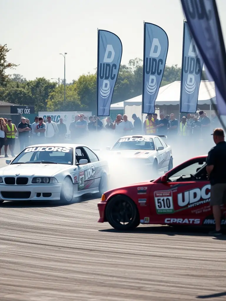 A lively scene of drivers performing controlled drifts during a community event, with enthusiastic spectators, safety marshals, and banners displaying the UDC logo. This image will highlight the club’s vibrant community events.