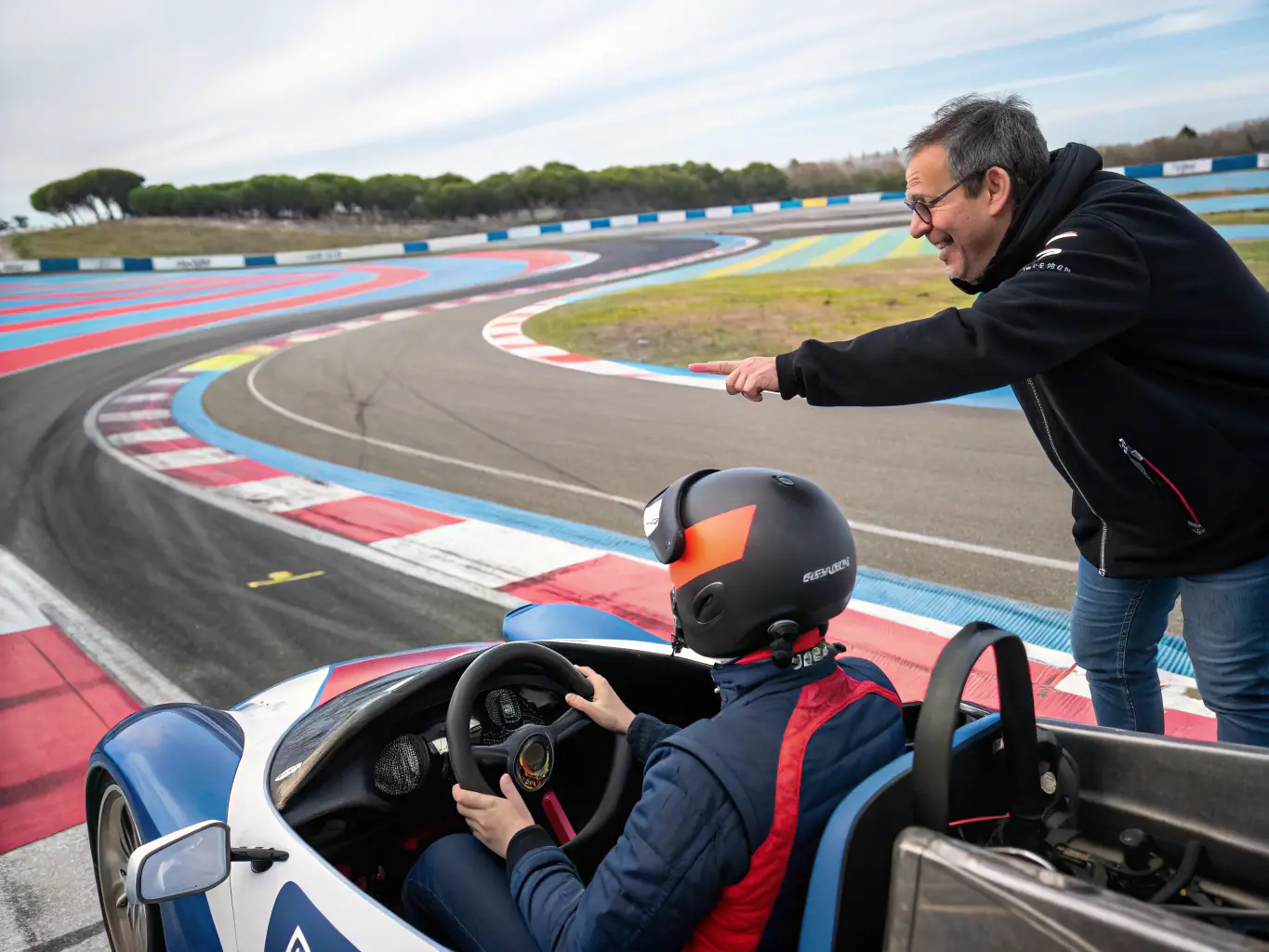 A high-energy photograph of adult drivers in branded racing suits receiving hands-on instruction from a UDC coach beside drift cars on a closed circuit, with safety cones and banners visible, capturing the atmosphere of a professional training session.