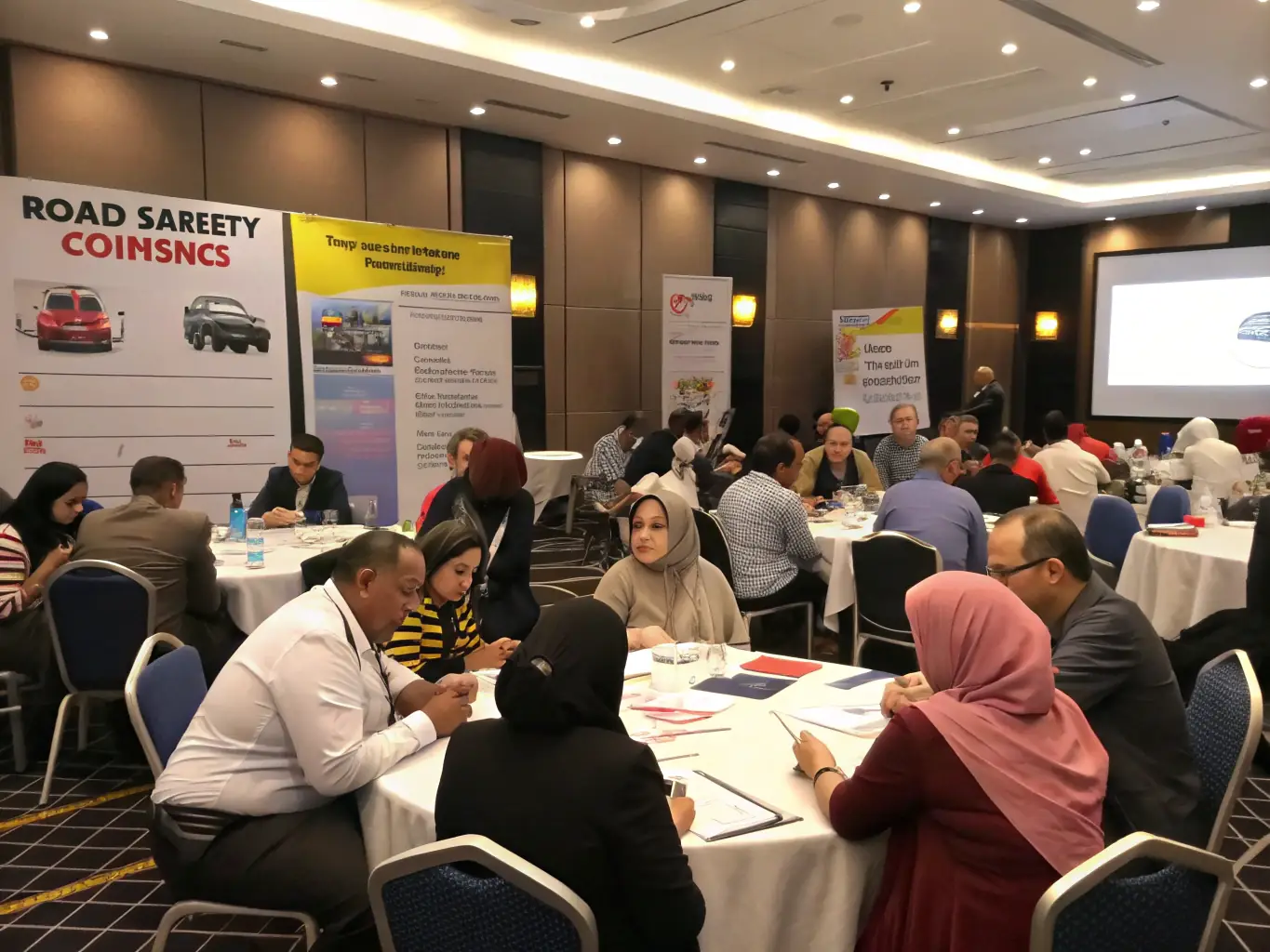 A clear photo of a UDC road safety workshop in progress, showing an instructor presenting to a group of attentive adults, with educational materials and safety posters displayed.