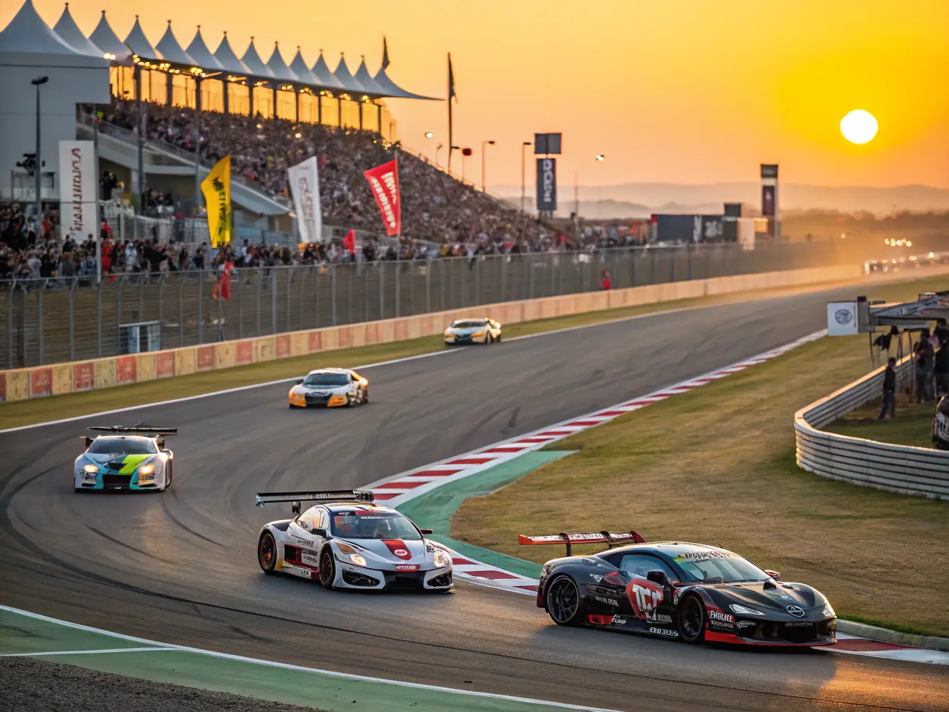 A vibrant image of a group of drivers and spectators gathered around a drift track during a UDC-organized competition, with cars in action, judges, and cheering fans, highlighting the excitement and camaraderie of club events.