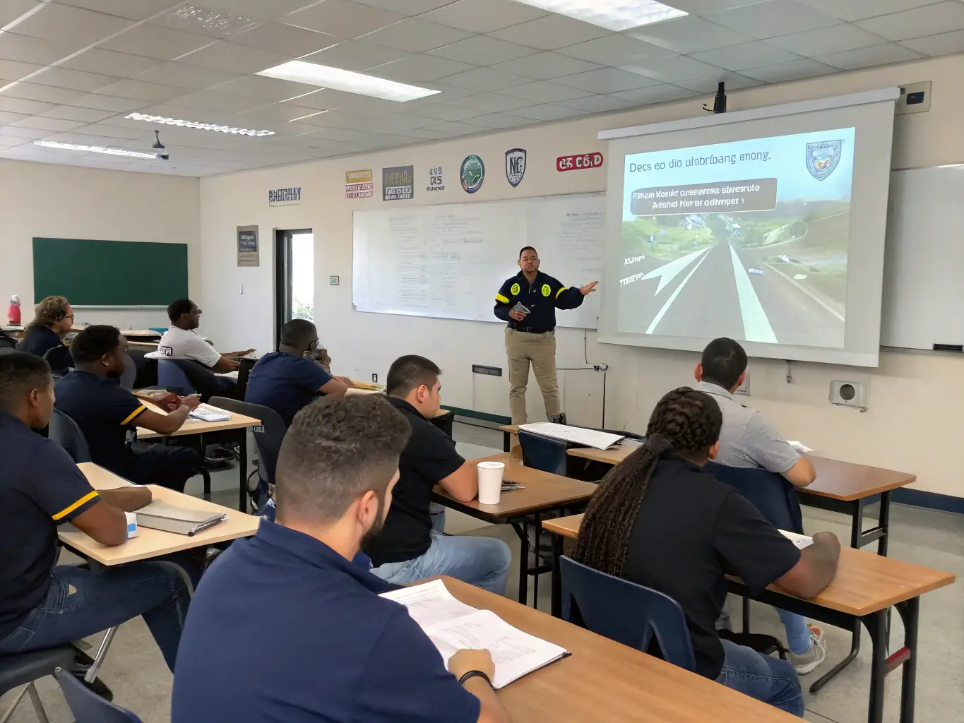 A dynamic scene of a UDC road safety workshop, with an instructor presenting to a group of attentive participants, educational posters about safe driving, and interactive demonstrations using model cars and safety gear.