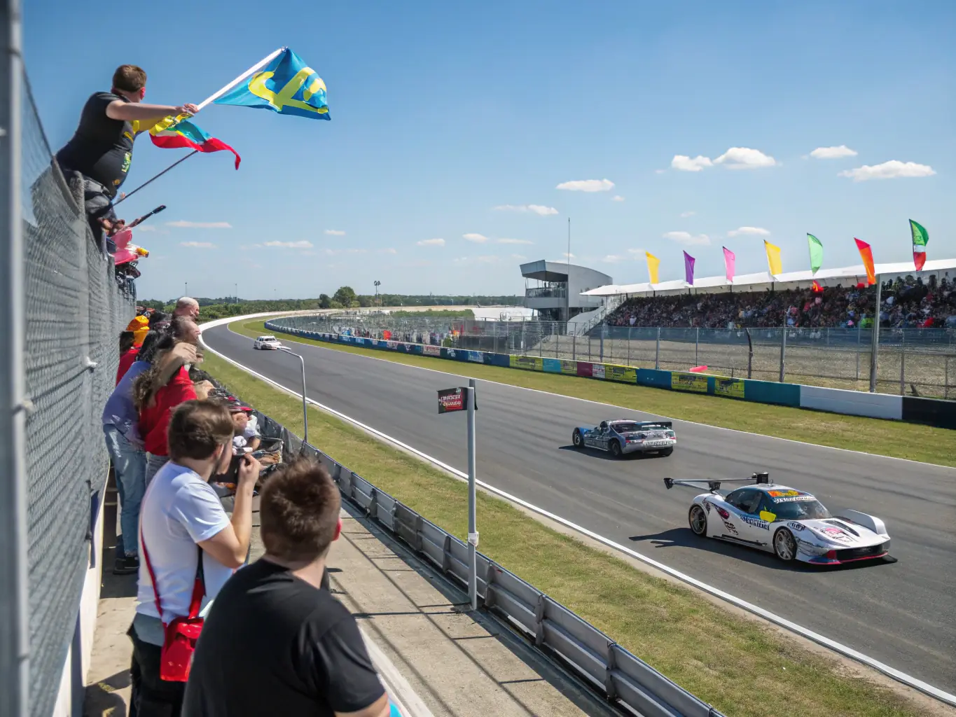 A vibrant image of a group of motorsport enthusiasts gathered at a UDC community drift event, with cars lined up, spectators cheering, and banners promoting responsible driving.