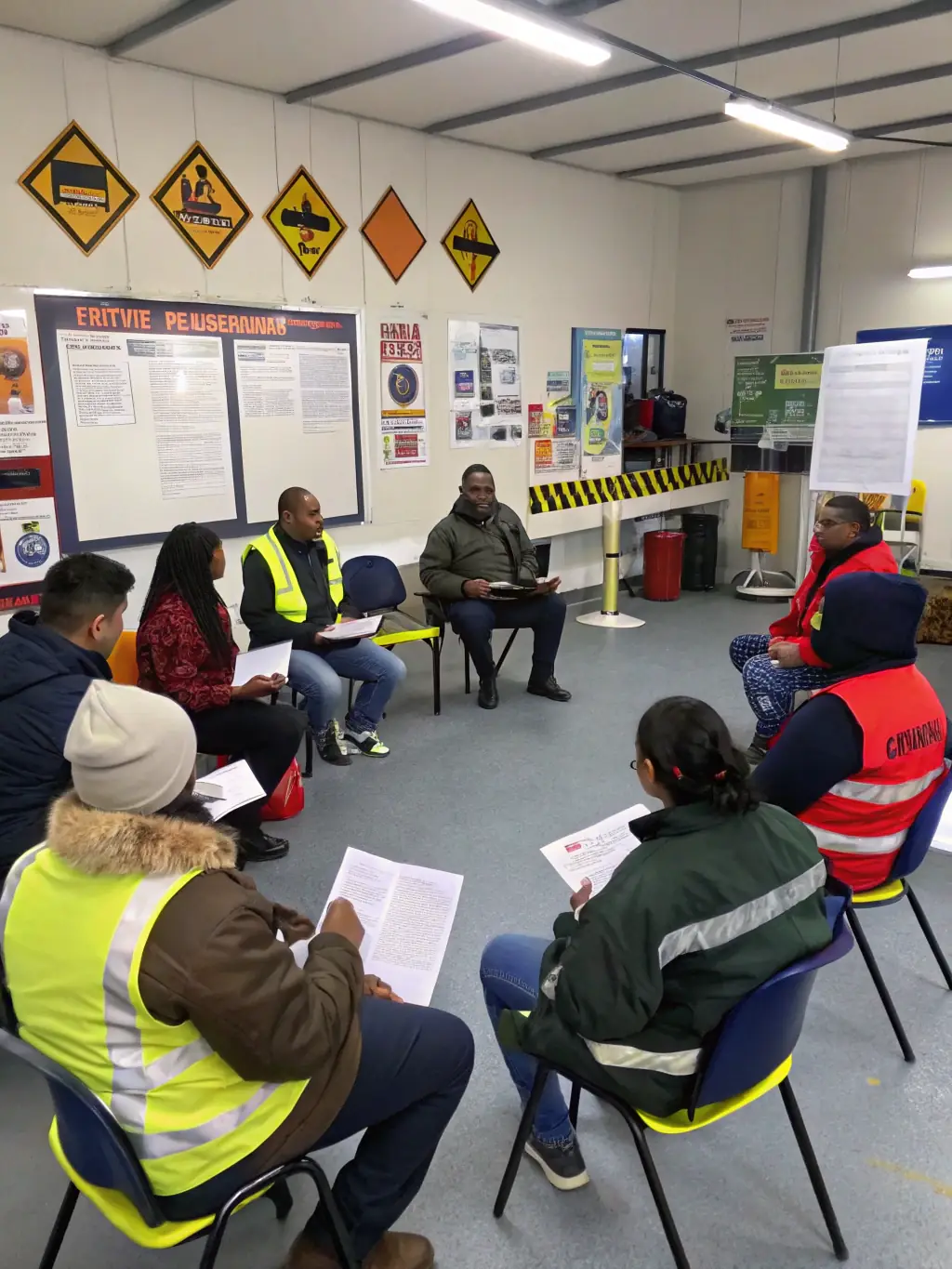 A safety workshop with drivers and community members engaging in educational activities, surrounded by informational posters, helmets, and reflective vests. This image will be used to represent UDC’s commitment to road safety.