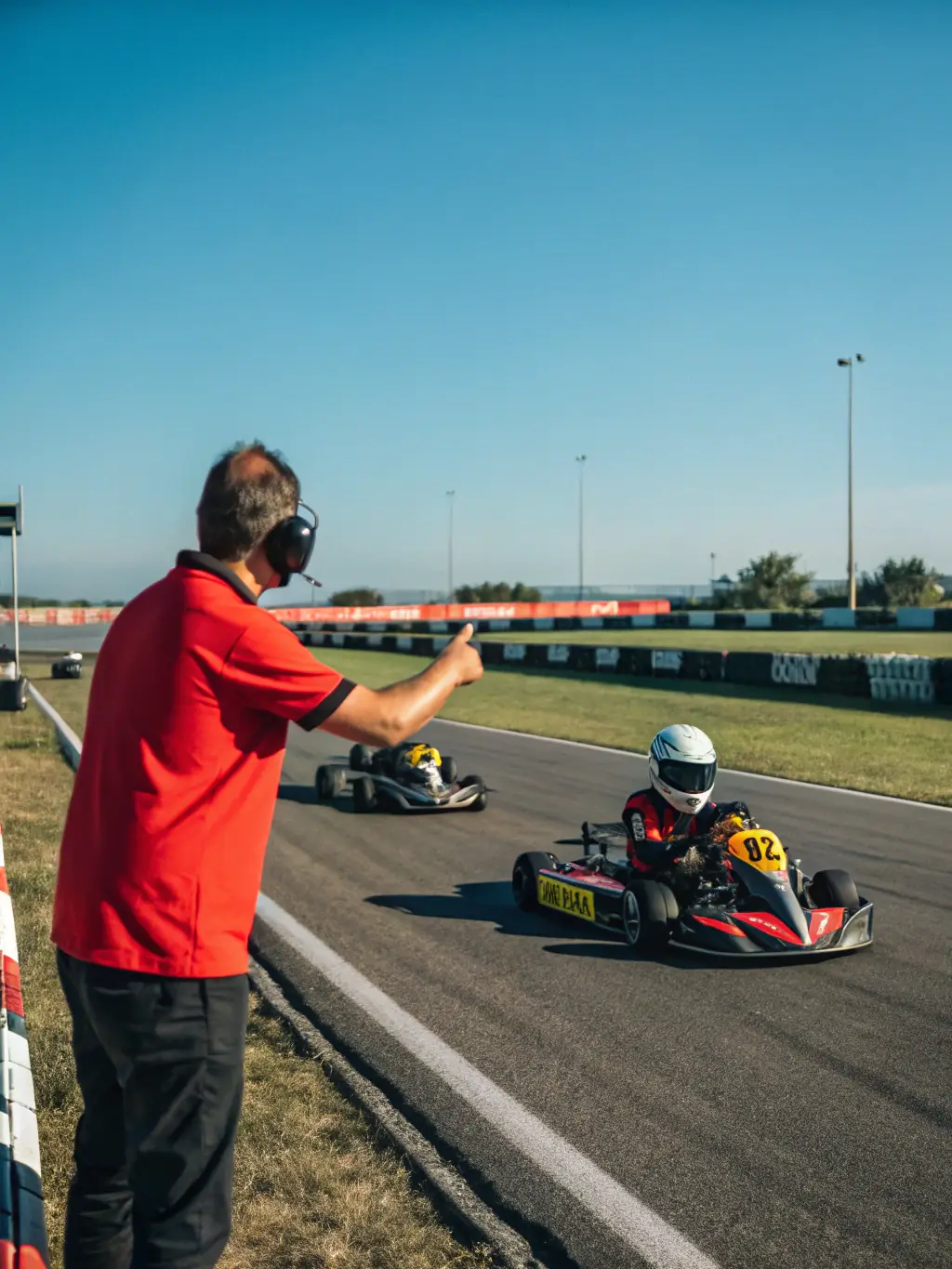 An instructor demonstrating drift techniques to a group of adult learners on a professional motorsport track, with cars in controlled slides and all participants wearing safety gear. This image will be used to illustrate the hands-on training sessions offered by UDC.